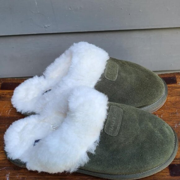 Nautica Gray Suede Off White Faux Shearling Scuffs size 7-8 - Picture 1 of 7